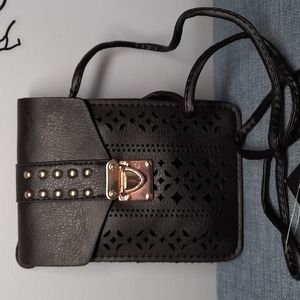 Black Small Crossbody Flower Laser Cut Designed Flap Gold Turn Lock Closure AsIs